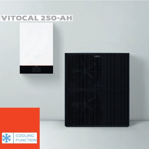 Pompă de căldură VITOCAL 250-AH aer-apă monobloc, pregătită pentru funcționare hibridă cu sursă de căldură externă de până la 30 kW, putere nominală de încălzire: 2,6 până la 13,4 kW