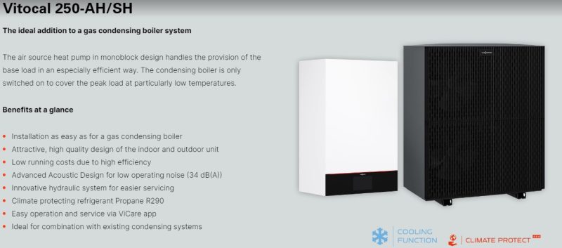 Pompă de căldură VITOCAL 250-AH aer-apă monobloc, pregătită pentru funcționare hibridă cu sursă de căldură externă de până la 30 kW, putere nominală de încălzire: 2,6 până la 13,4 kW